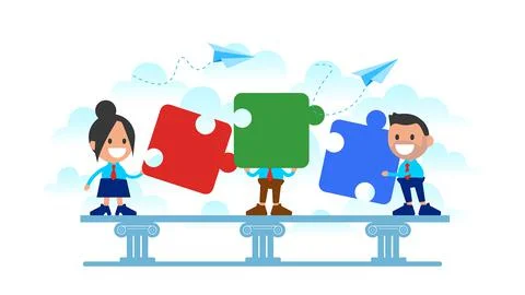 Team connecting puzzle elements. Symbol of teamwork, partnership, cooperation.	 스톡 일러스트