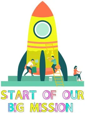 Team is constructing rocket. People create new project with spaceship. Start of Stock Illustration