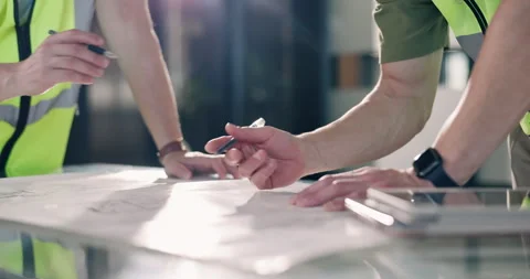 Team, construction and blueprint with hands of people for building, inspection Stock Footage 342873587
