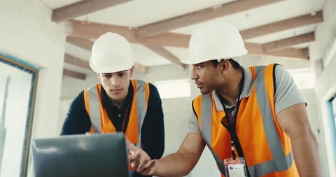 Team, construction and engineer with laptop for discussion, quality assurance or Stock Footage 344941944