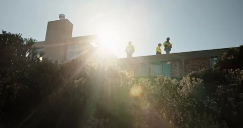 Team, construction and low angle of people outdoor for building, inspection or Stock Footage 343638713