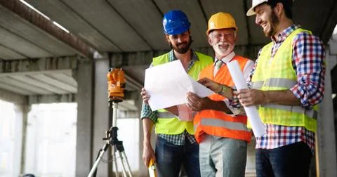 Team of construction engineers, architects working on building site Stock Photos