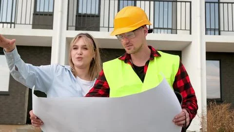 Team of construction specialists using architectural blueprints on site Stock Photos