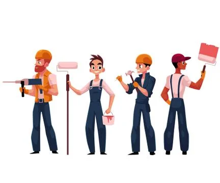 Team of construction workers, builders, painters wearing helmets and overalls Stock Illustration