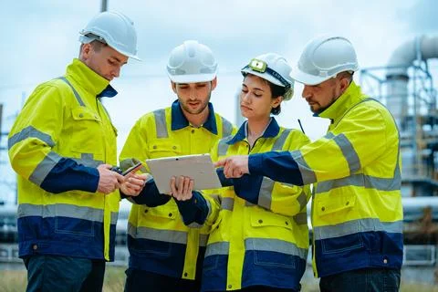 Team of construction workers collaborating outdoors, reviewing plans at a c.. Stock Photos