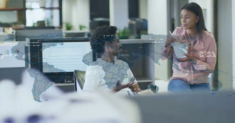Team conversing for business plan, man talking, gesturing causing world-map data Stock Footage 334312797