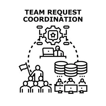 Team coordinating requests completing tasks in a collaborative project Stock Illustration