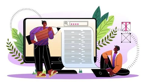 Team of copywriters. Two men writes article for website. Content creators and Stock Illustration
