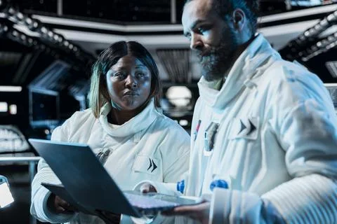 Team of cosmonauts running data analysis on laptop Stock Photos