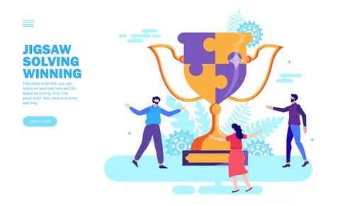 Team creating winning trophy with jigsaw Stock Illustration