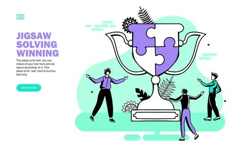 Team creating winning trophy with jigsaw puzzle vector Stock Illustration