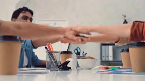 Team in Creative Office Cheering with Putting Hands Together. Coworking Space Stock Footage 230024519