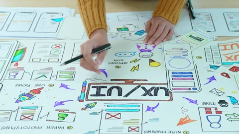 Team of Creative Web, Graphic Designer planning, drawing website ux ui app for Stock Footage 244296333