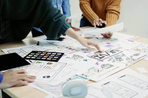 Team of Creative Web, Graphic Designer planning, drawing website ux ui app for Stock Photos