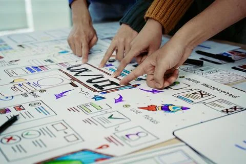Team of Creative Web, Graphic Designer planning, drawing website ux ui app for Stock Photos