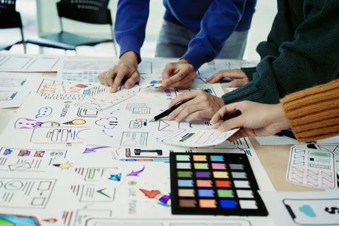 Team of Creative Web, Graphic Designer planning, drawing website ux ui app for Stock Photos