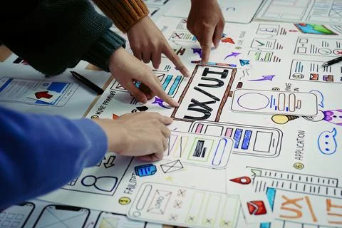 Team of Creative Web, Graphic Designer planning, drawing website ux ui app for Stock Photos
