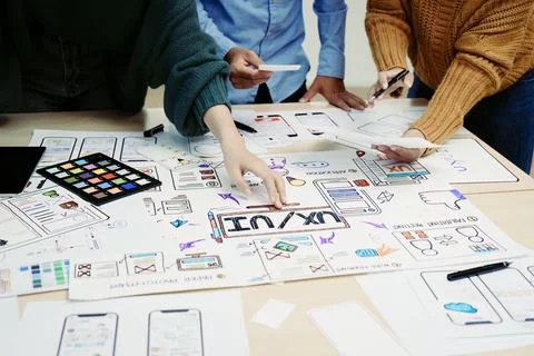 Team of Creative Web, Graphic Designer planning, drawing website ux ui app for Stock Photos