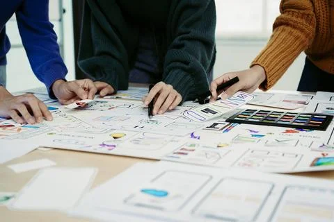 Team of Creative Web, Graphic Designer planning, drawing website ux ui app for Stock Photos