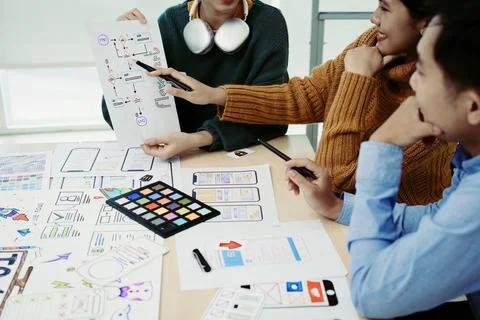 Team of Creative Web, Graphic Designer planning, drawing website ux ui app for Stock Photos
