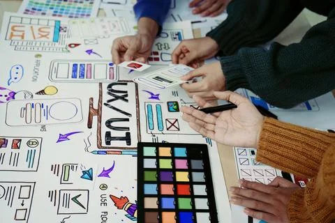 Team of Creative Web, Graphic Designer planning for mobile phone, drawing Stock Photos