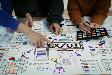 Team of Creative Web, Graphic Designer planning, drawing website ux ui app for Stock Photos