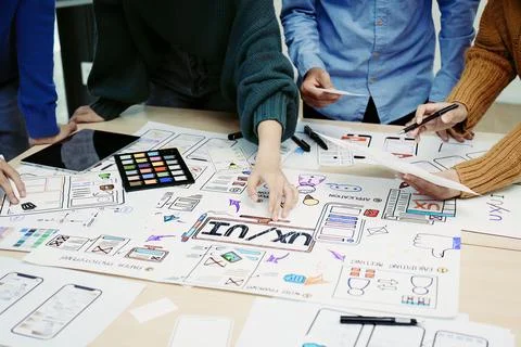 Team of Creative Web, Graphic Designer planning, drawing website ux ui app for Stock Photos
