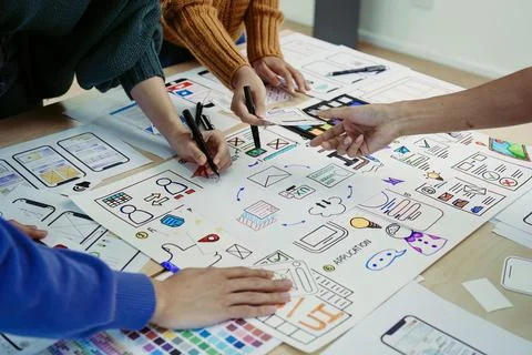 Team of Creative Web, Graphic Designer planning, drawing website ux ui app for Stock Photos