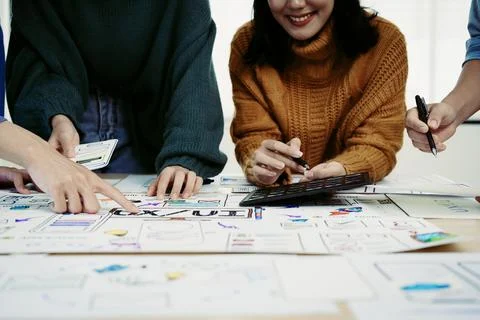 Team of Creative Web, Graphic Designer planning, drawing website ux ui app for Stock Photos