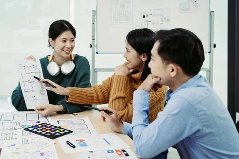 Team of Creative Web, Graphic Designer planning, drawing website ux ui app for Stock Photos