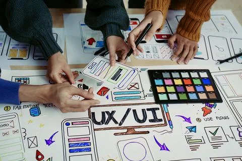 Team of Creative Web, Graphic Designer planning for mobile phone, drawing Stock Photos