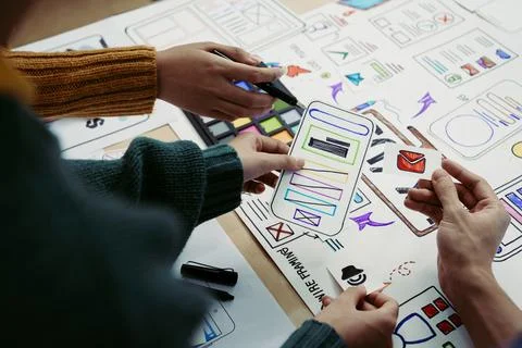 Team of Creative Web, Graphic Designer planning for mobile phone, drawing Stock Photos