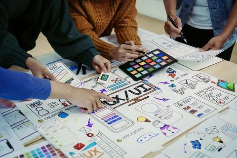 Team of Creative Web, Graphic Designer planning, drawing website ux ui app for Stock Photos