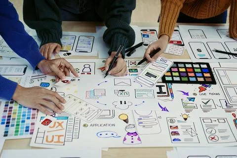 Team of Creative Web, Graphic Designer planning, drawing website ux ui app for Stock Photos