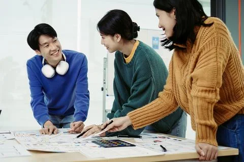 Team of Creative Web, Graphic Designer planning, drawing website ux ui app for Stock Photos