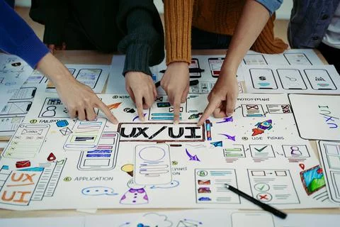 Team of Creative Web, Graphic Designer planning, drawing website ux ui app for Stock Photos