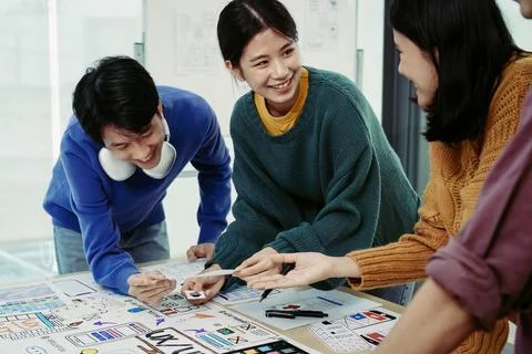 Team of Creative Web, Graphic Designer planning, drawing website ux ui app for Stock Photos
