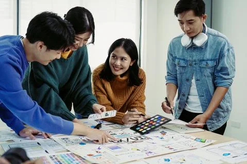 Team of Creative Web, Graphic Designer planning for mobile phone, drawing Stock Photos