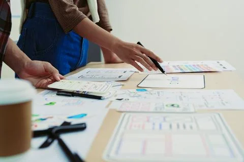 Team of Creative Web, Graphic Designer planning, drawing website ux ui app .. Stock Photos