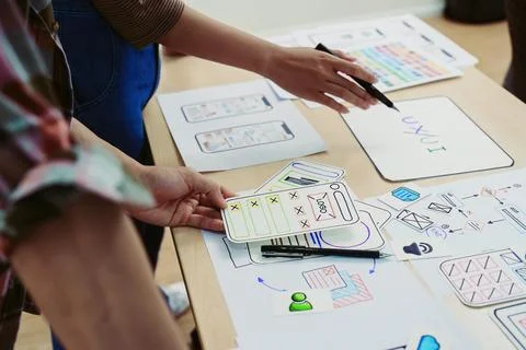 Team of Creative Web, Graphic Designer planning, drawing website ux ui app .. Stock Photos