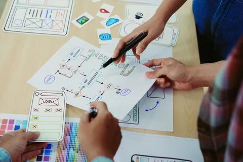 Team of Creative Web, Graphic Designer planning for mobile phone, drawing 스톡 사진