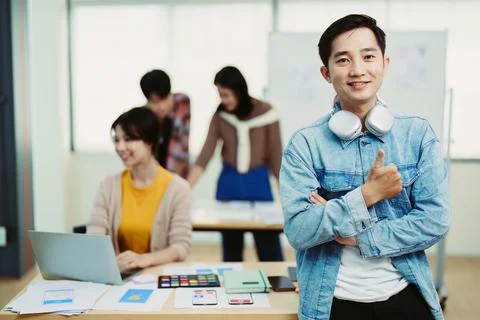 Team of Creative Web, Graphic Designer planning, drawing website ux ui app for Stock Photos