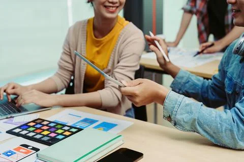 Team of Creative Web, Graphic Designer planning, drawing website ux ui app for Stock Photos