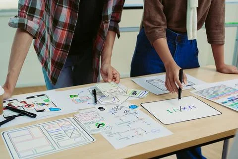 Team of Creative Web, Graphic Designer planning, drawing website ux ui app for Stock Photos