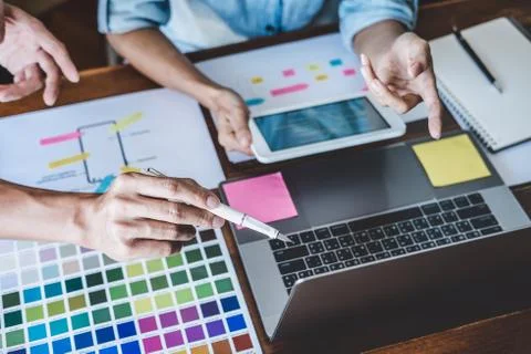 Team of Creative Web/Graphic Designer planning, drawing website ux app for mo Stock Photos