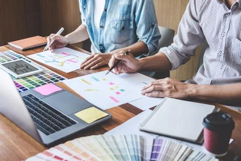 Team of Creative Web/Graphic Designer planning, drawing website ux app for mo Stock Photos