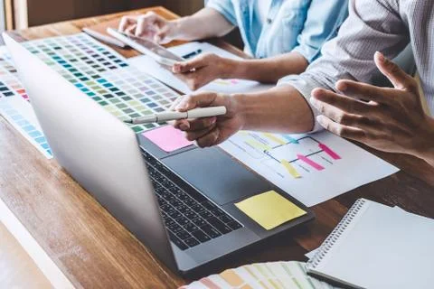 Team of Creative Web/Graphic Designer planning, drawing website ux app for mo Stock Photos
