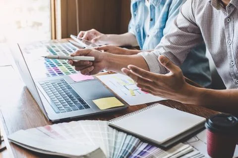 Team of Creative Web/Graphic Designer planning, drawing website ux app for mo Stock Photos