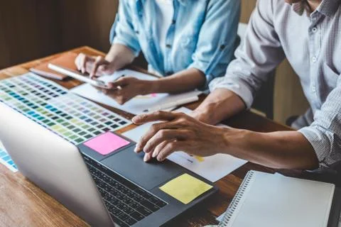 Team of Creative Web/Graphic Designer planning, drawing website ux app for mo Stock Photos