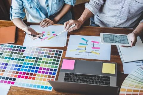 Team of Creative Web/Graphic Designer planning, drawing website ux app for mo Stock Photos